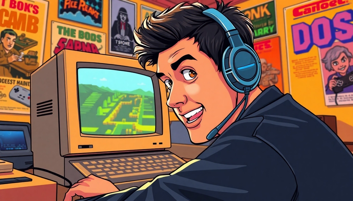 Play DOS games with a passionate gamer surrounded by nostalgic retro gaming elements.