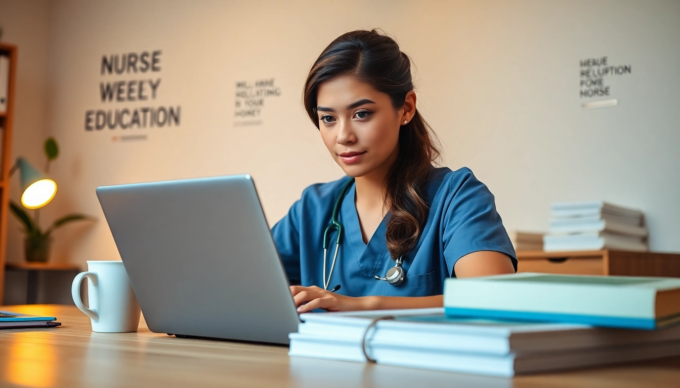 Engaged nurse studying rn ceus online from a bright home office setting.