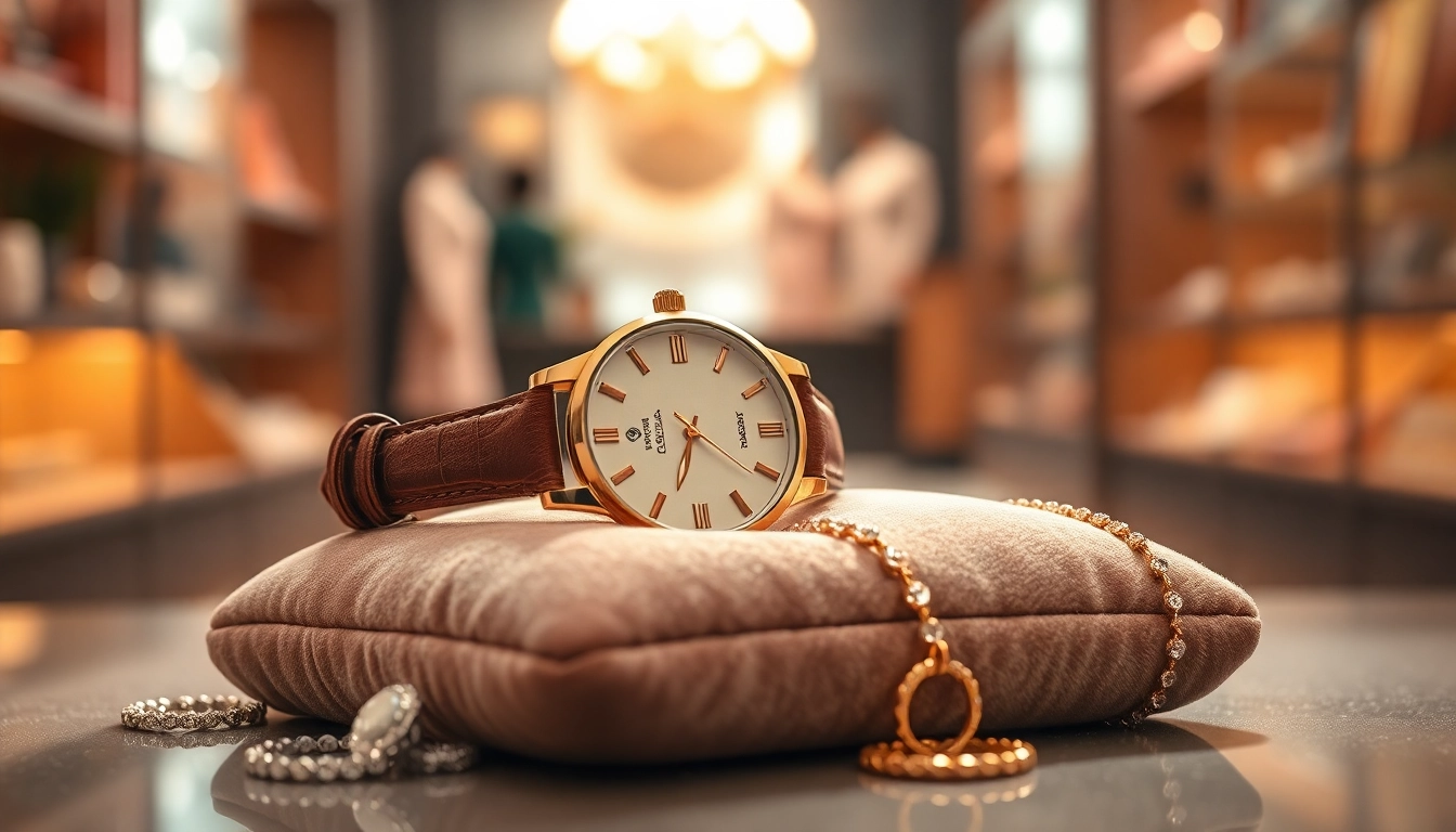 Damen Armbanduhr in gold mit elegantem Design und feiner Lederarmband, präsentiert auf Samt.