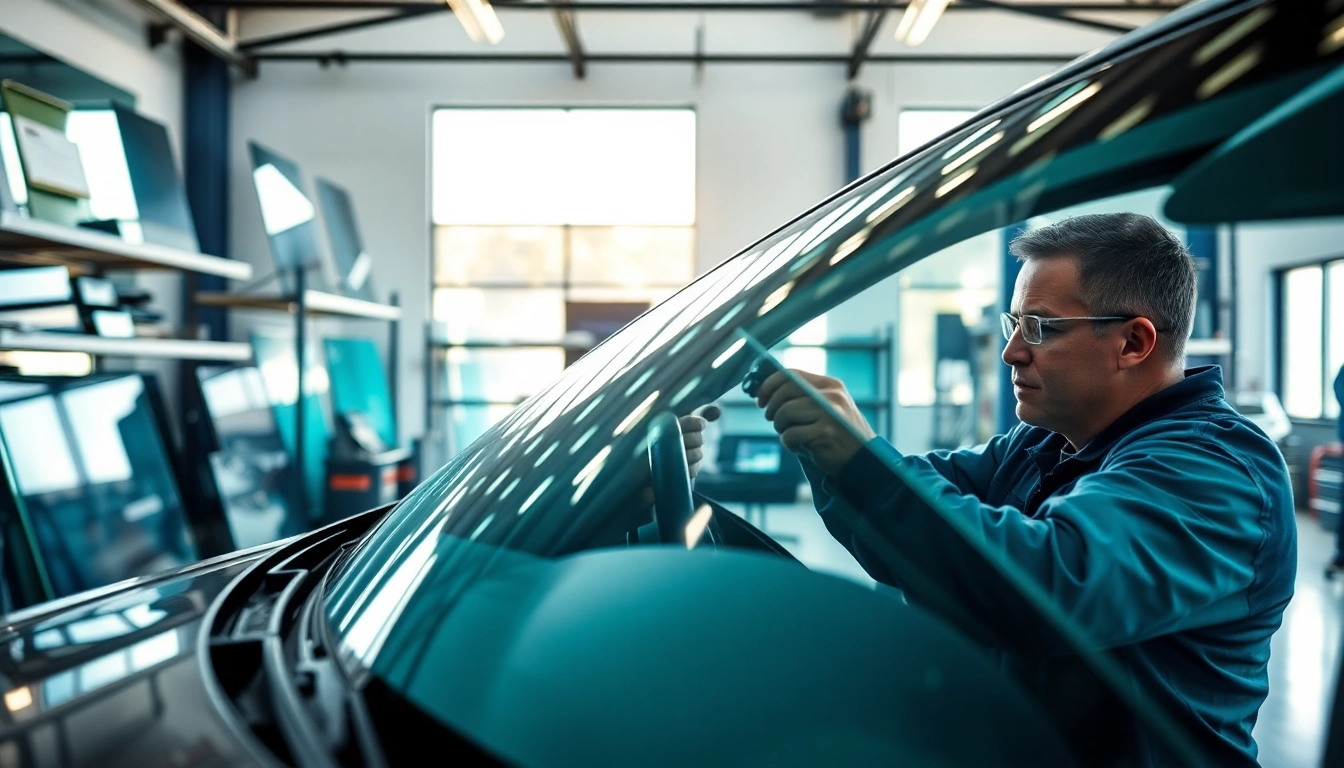 Auto Glass Replacement service in a professional automotive workshop with technicians at work.