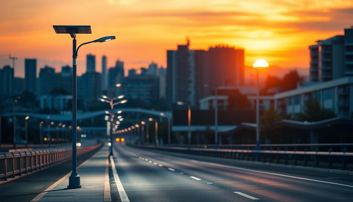 Illuminate pathways effectively with solar street lights mounted on poles in a cityscape.