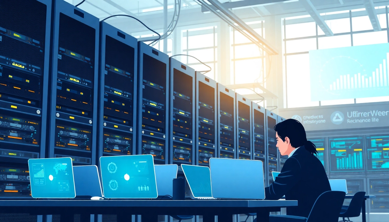 Engaging overview of Cloud infrastructure and DevOps services with engineers collaborating in a data center.