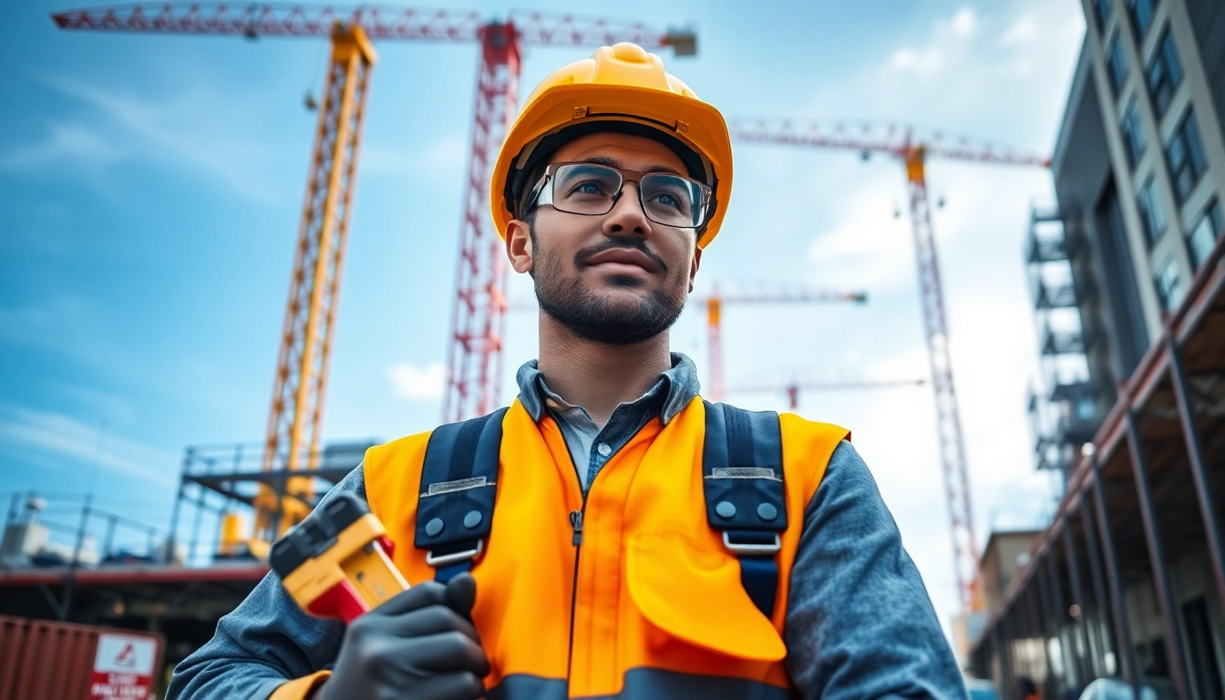 Actively engaged professional in careers in construction wearing safety gear with tools in hand.