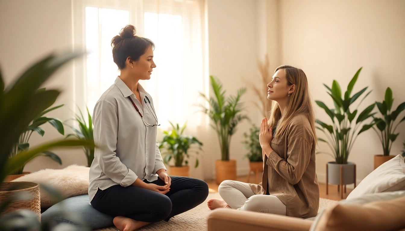Therapist guiding a client in healing trauma through a peaceful therapy room setting.