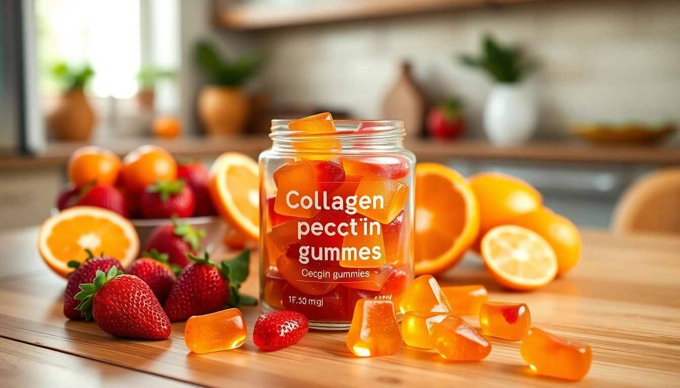 Enjoy Collagen pectin gummies with vibrant fruits in a warm kitchen setting.