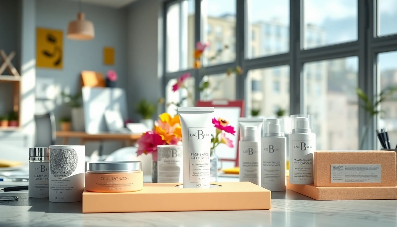Showcasing exquisite cosmetic labels suppliers in a bright workspace, emphasizing design quality.