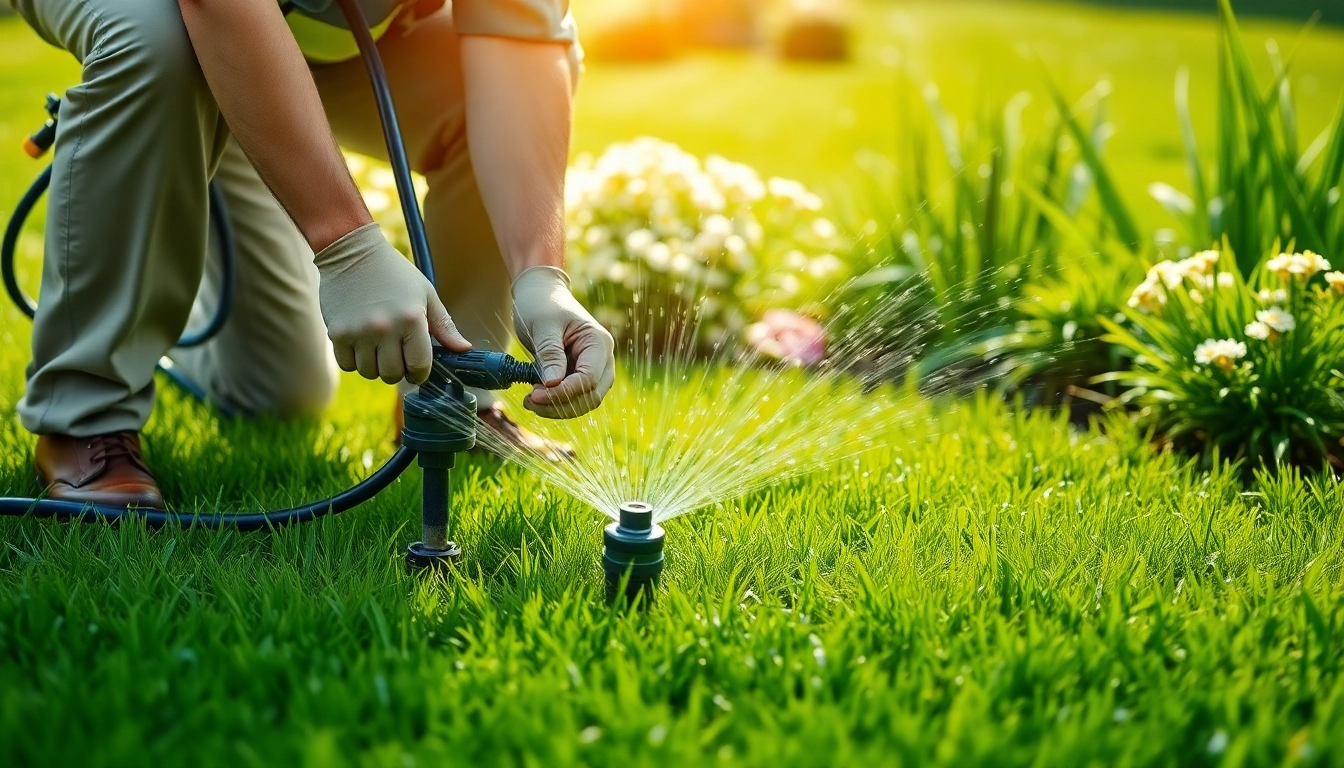 A lawn technician conducting a sprinkler system service in a vibrant garden setting with lush greenery.