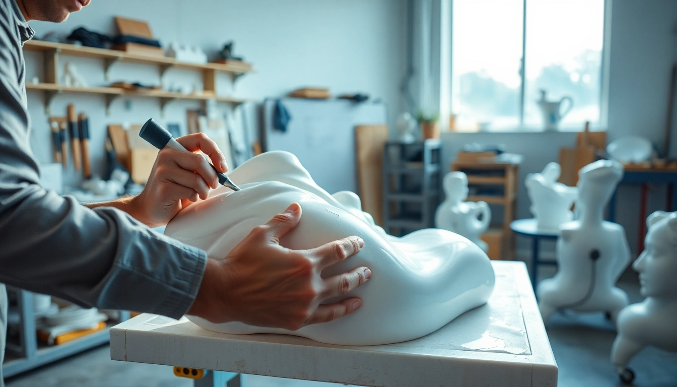 Applying laminating resin in a creative workspace with tools and fiberglass molds.