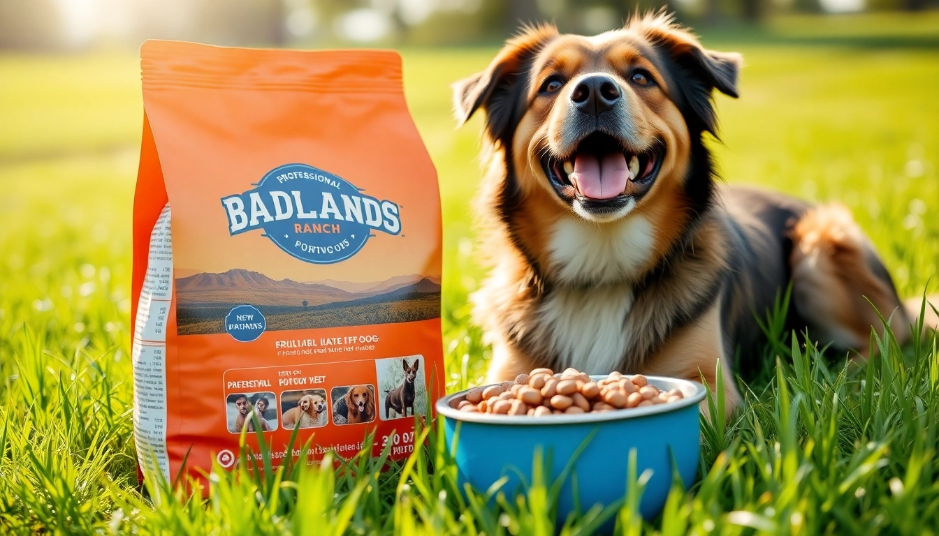 Showcasing Badlands Ranch dog food Canada with an enthusiastic dog enjoying its meal outdoors.