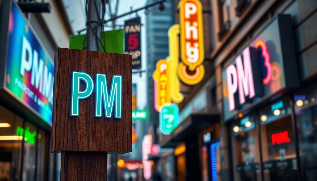 Showcasing a variety of pm signs in an urban setting, highlighting craftsmanship and design.