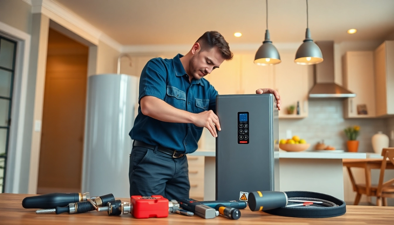 Raleigh water heater installation service with a technician working on a tankless unit in a modern kitchen.