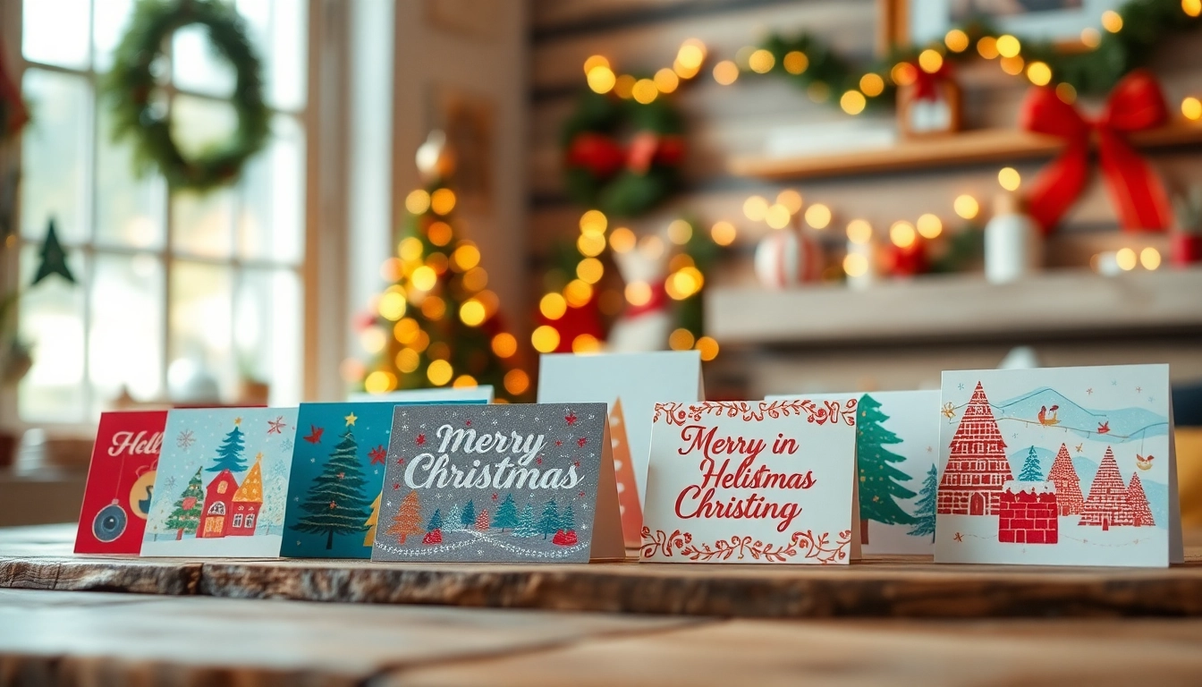 Display of same day Christmas cards on a rustic table, showcasing festive designs.