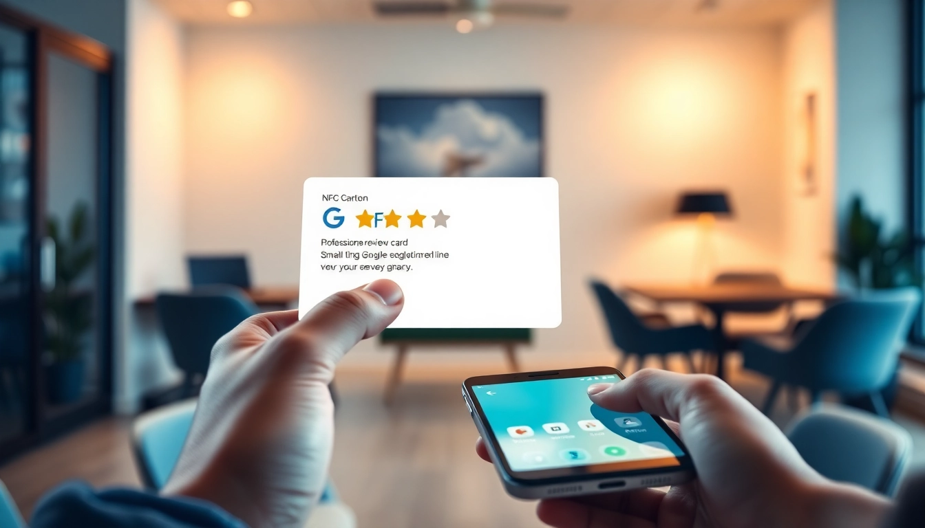 Showcase of a Google review card at https://www.reviewcardsgoogle.com enabling NFC interaction to boost online reputation.