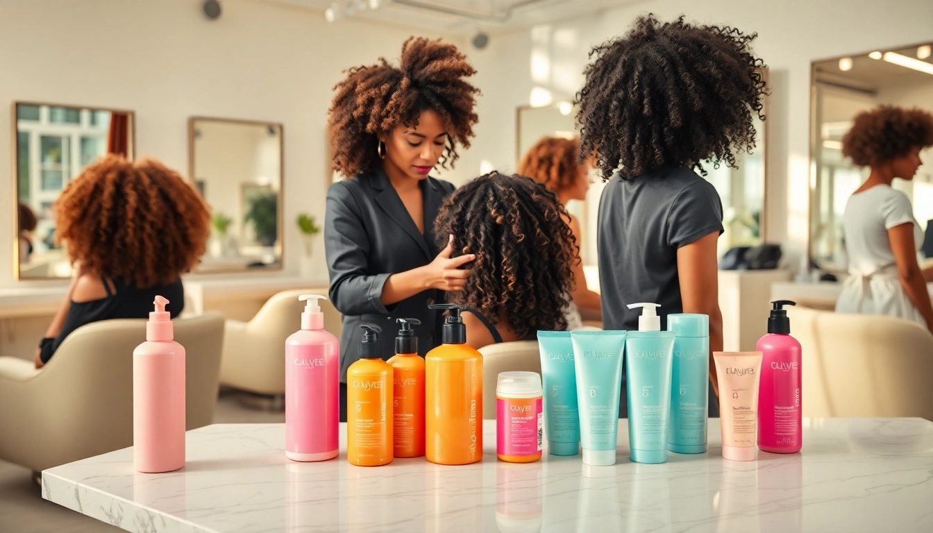 Discover effective curly hair products while a stylist works with clients in a bright, welcoming salon.