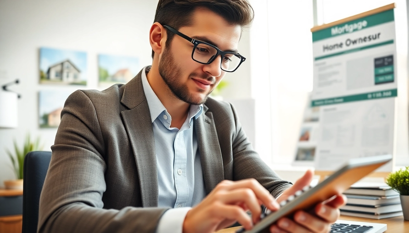 Calculate your monthly payments with the BC Mortgage Calculator in a professional office environment.