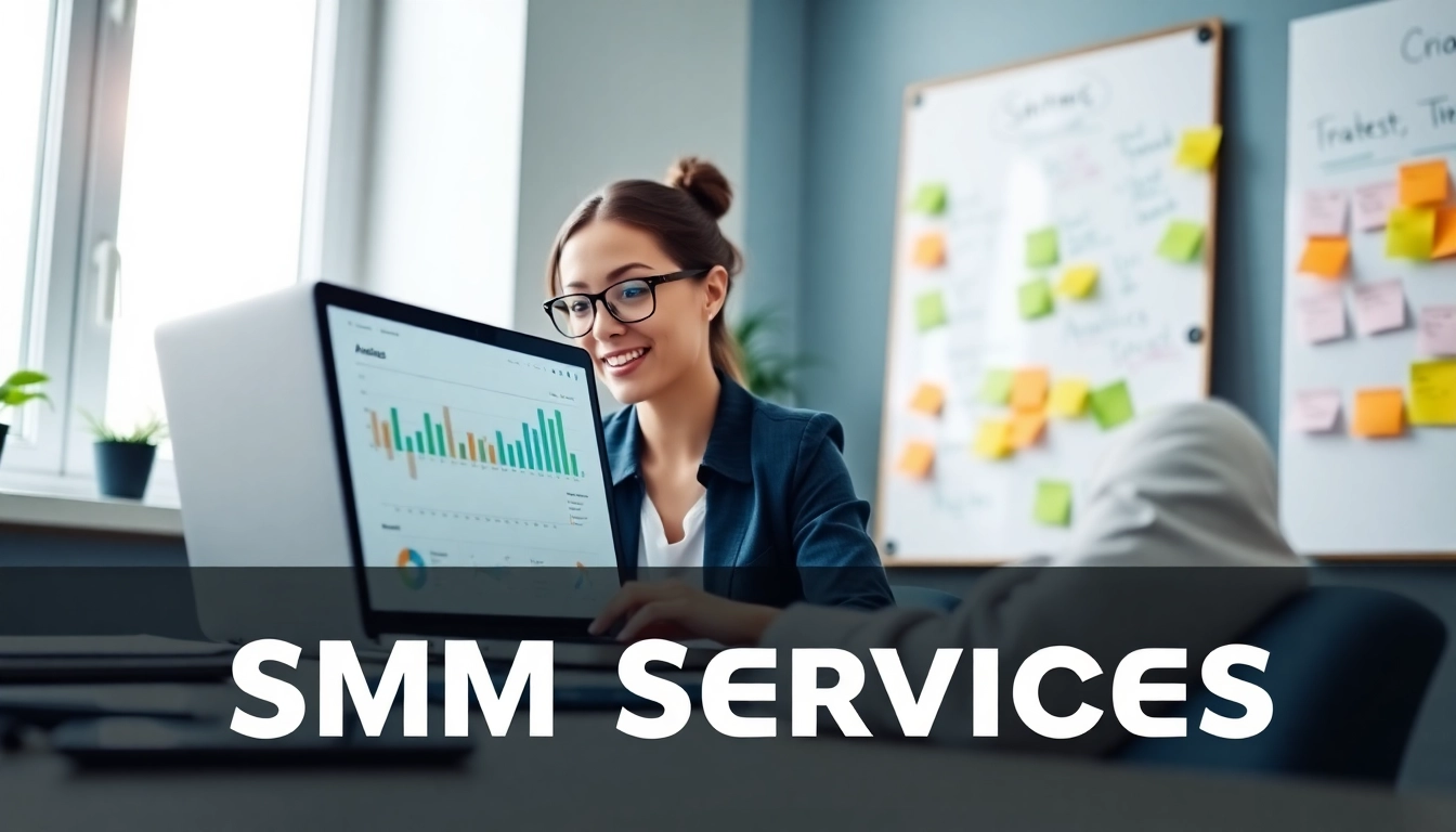 Engaged professional analyzing smm services data on a laptop in an energetic office.