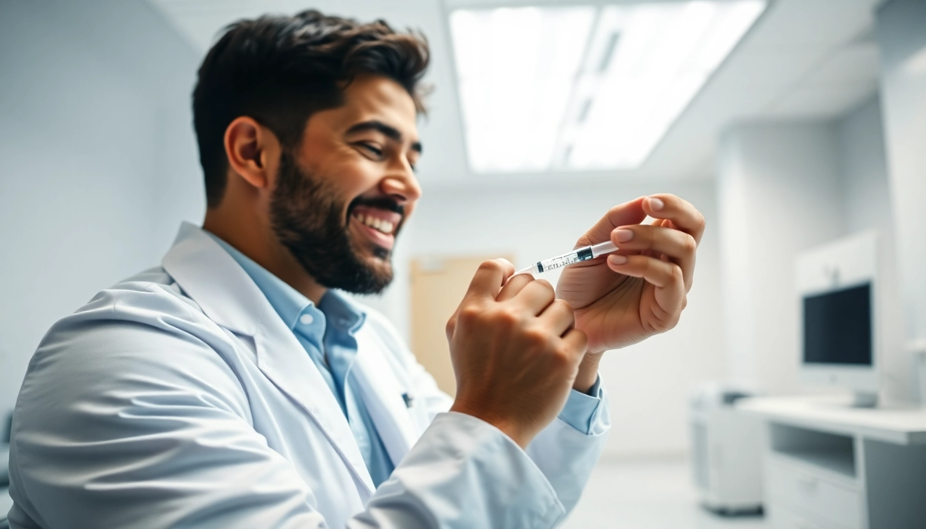 Administering testosterone replacement therapy in a modern clinic with healthcare professional smiling.