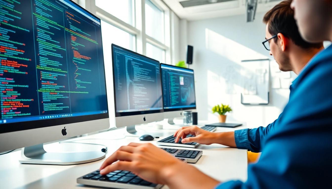 Engaging web development process with developers collaborating in a modern workspace.
