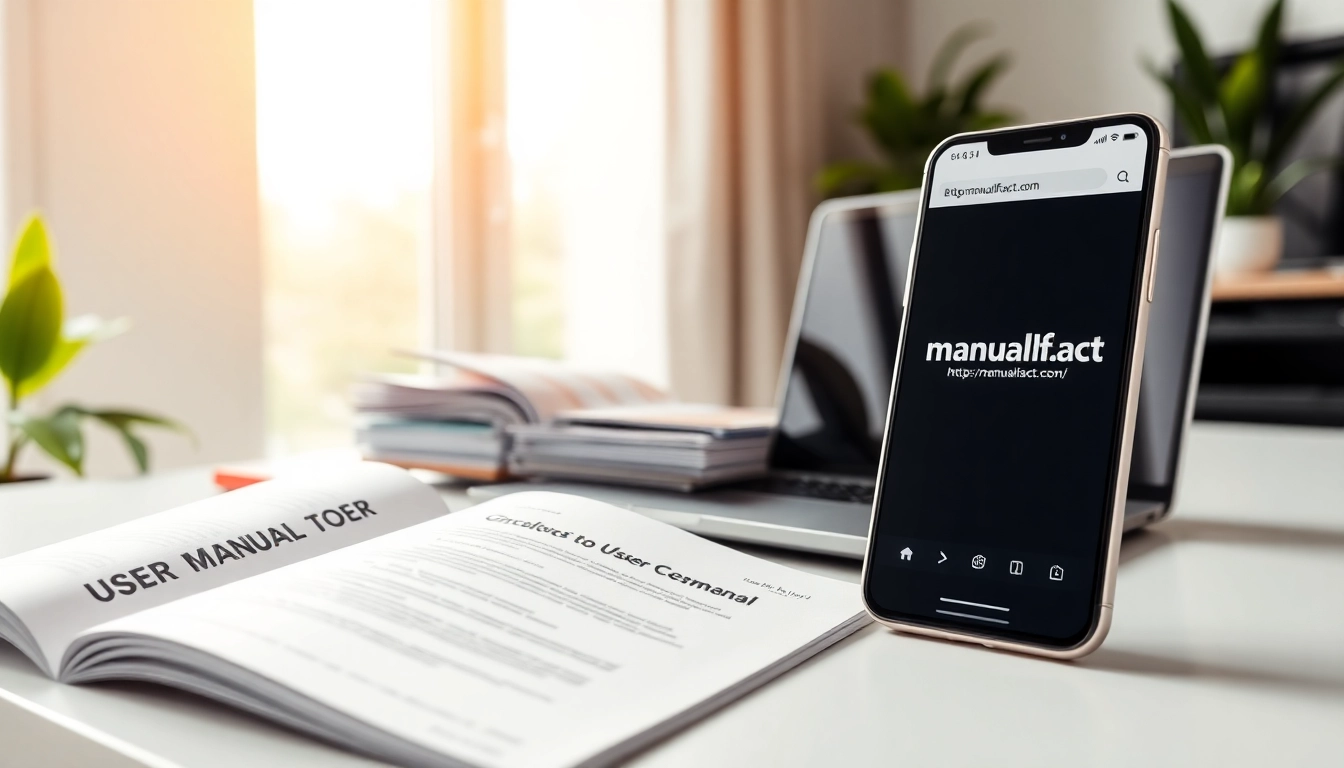 Browse user manuals at https://manualsfact.com/ showcased in a modern workspace.