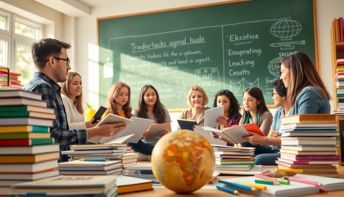 Explore educational resources in a vibrant classroom setting showcasing student engagement.