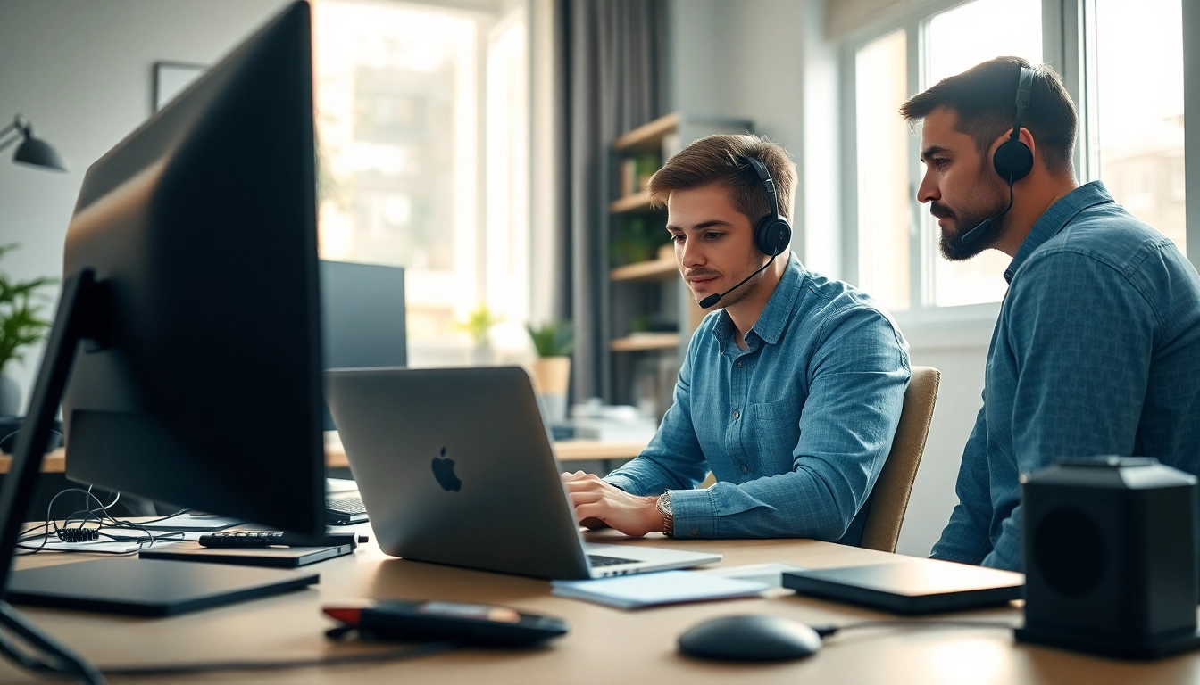 Providing computer IT support in a modern home office with a professional technician helping a customer.