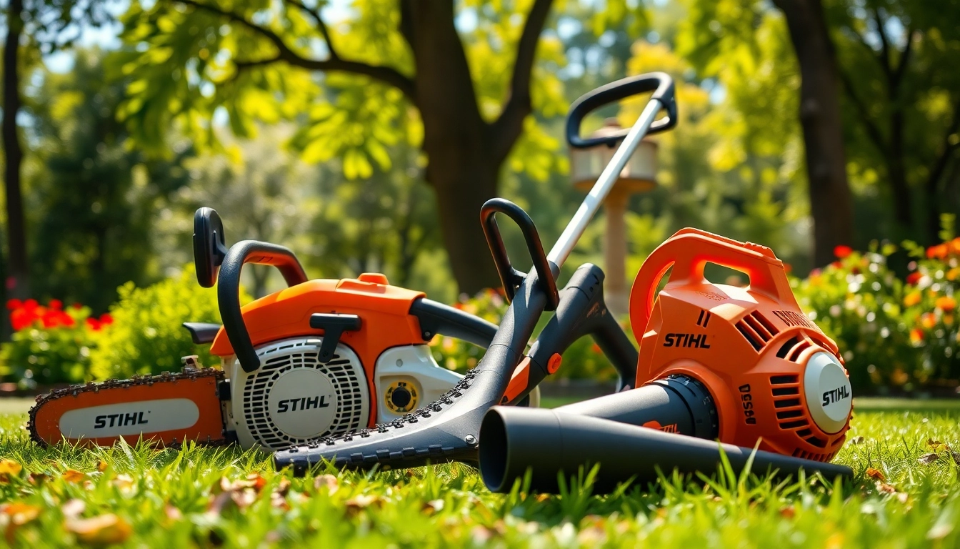 Stihl Geräte in einem hellen Garten, ausgelegt und bereit für den Einsatz.