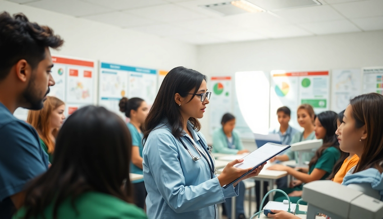 Educación en enfermería con enfermera educadora y estudiantes en aula moderna