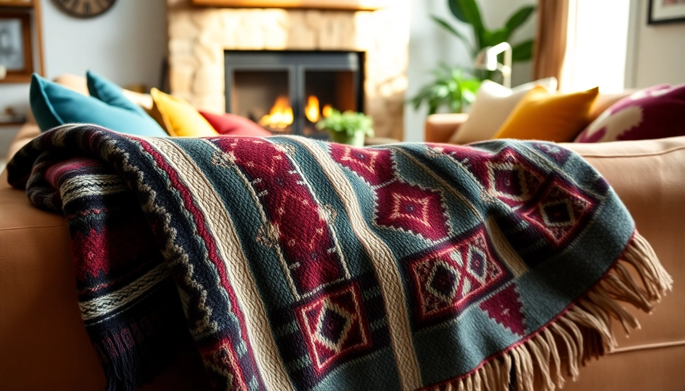Cozy scene featuring a Thick Mexican Blanket draped on a couch in a warm living room setting.