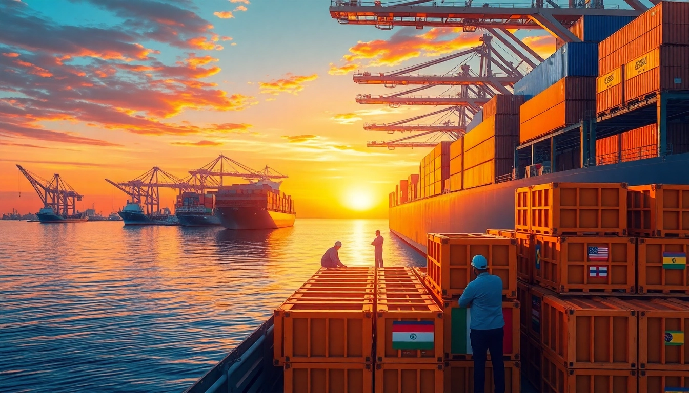 Visualize exports with cargo ship loading goods at a bustling port, showcasing international trade.