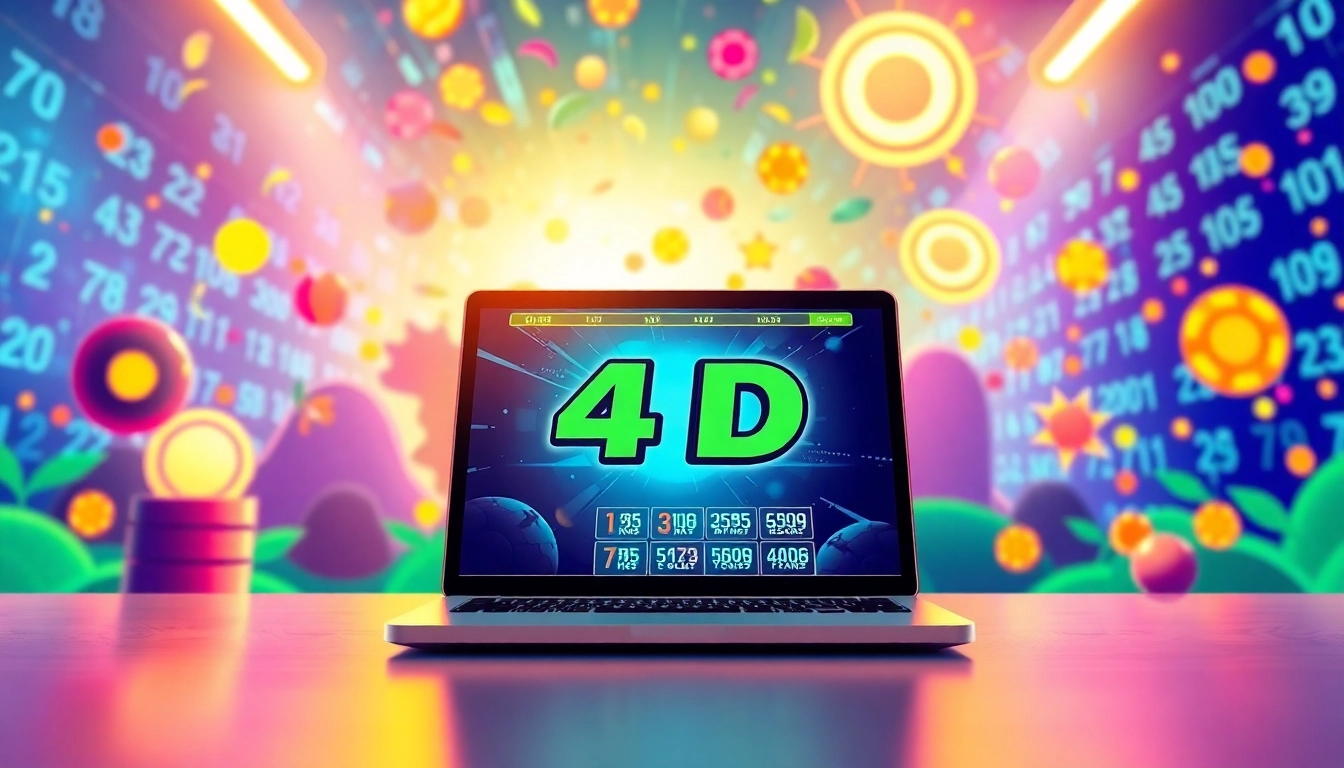 Engage in buying 4D online with an illustration of a vibrant lottery platform showcasing exciting betting tickets.