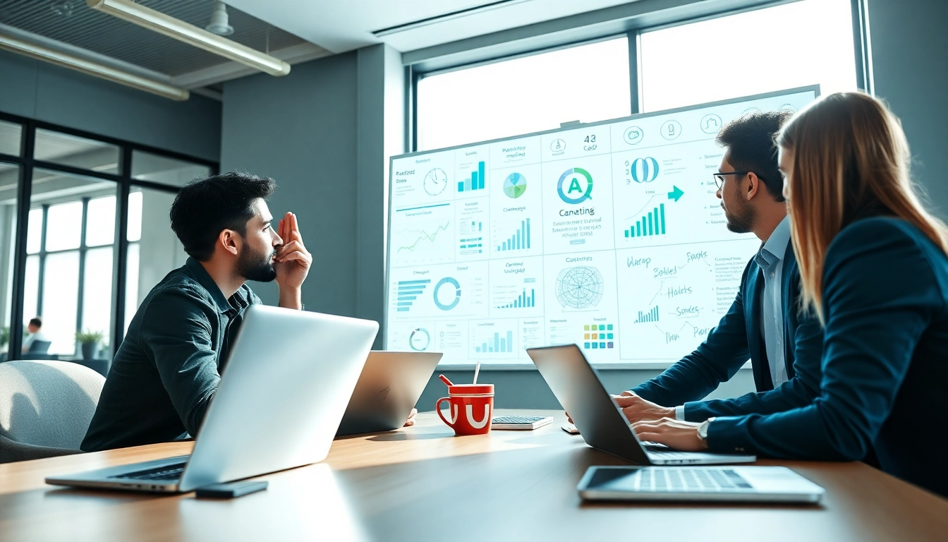 Engaged team strategizing on an AI content marketing platform, illustrated with data analytics.