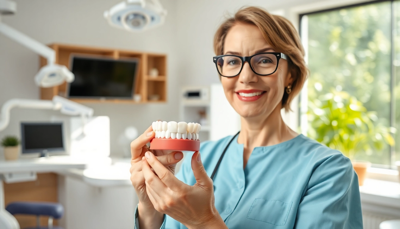 Learn about crowns in dentistry as a dentist examines a dental crown model in a clinic.