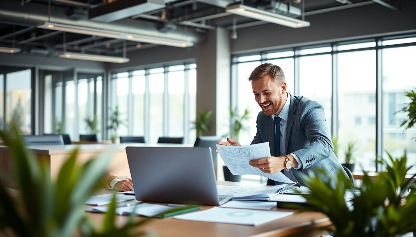 Purchasing consultant collaborating with a client in a modern office, illustrating professional engagement.