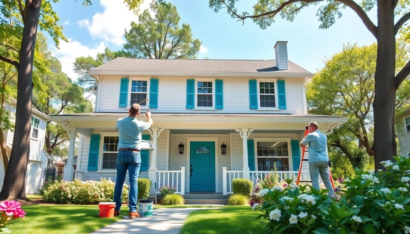 Exterior house painters applying fresh paint to a beautiful suburban home surrounded by greenery.
