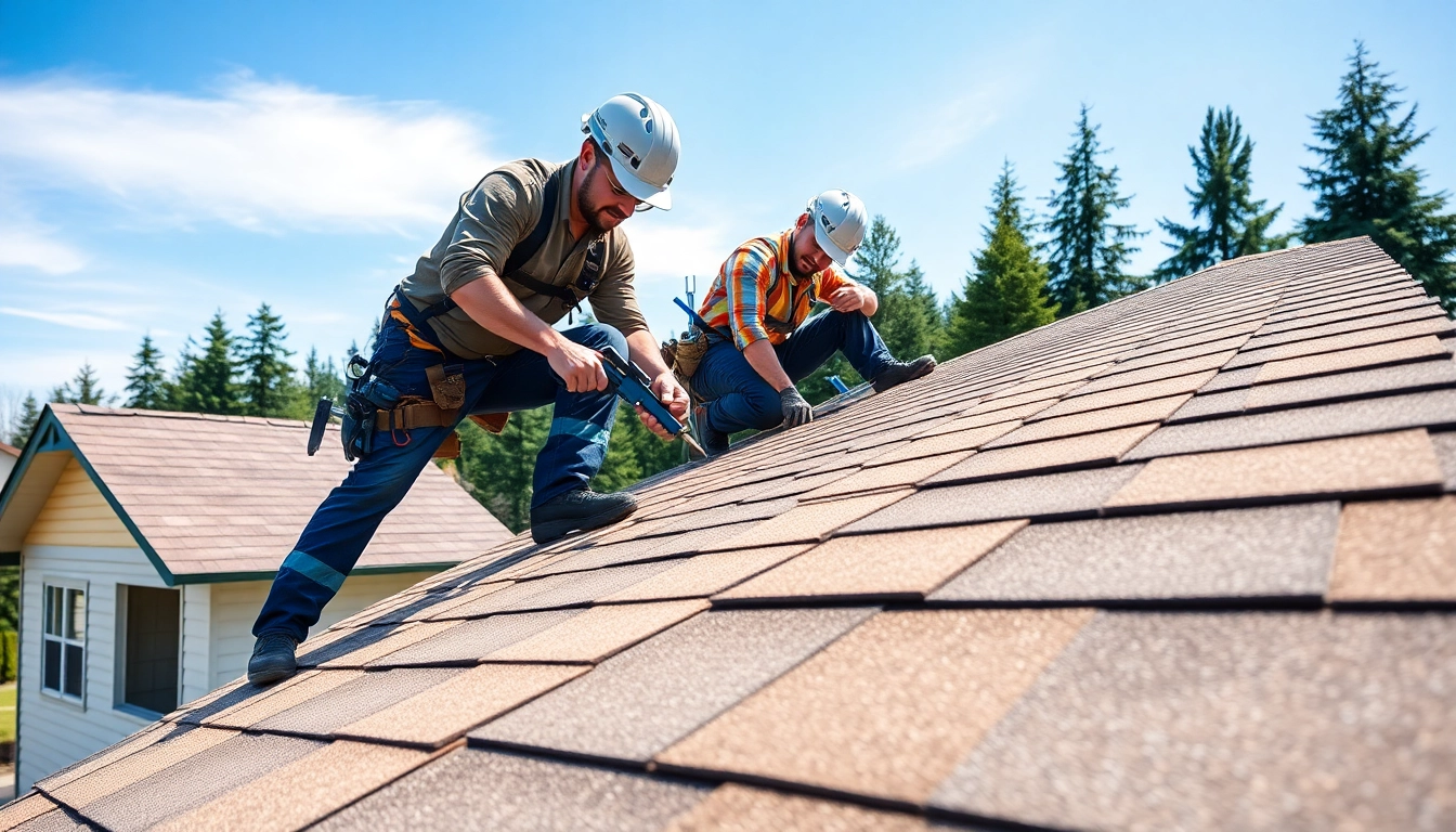 View of Roofing companies Vancouver Wa professionals installing roofing on a home.
