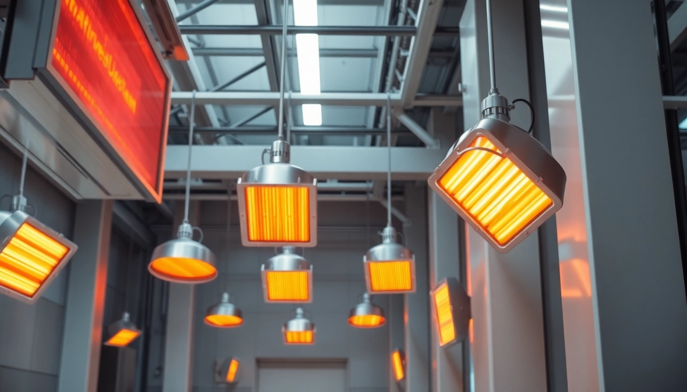 Infrared heating lamp illuminating an industrial workspace, showcasing efficiency and sleek design.