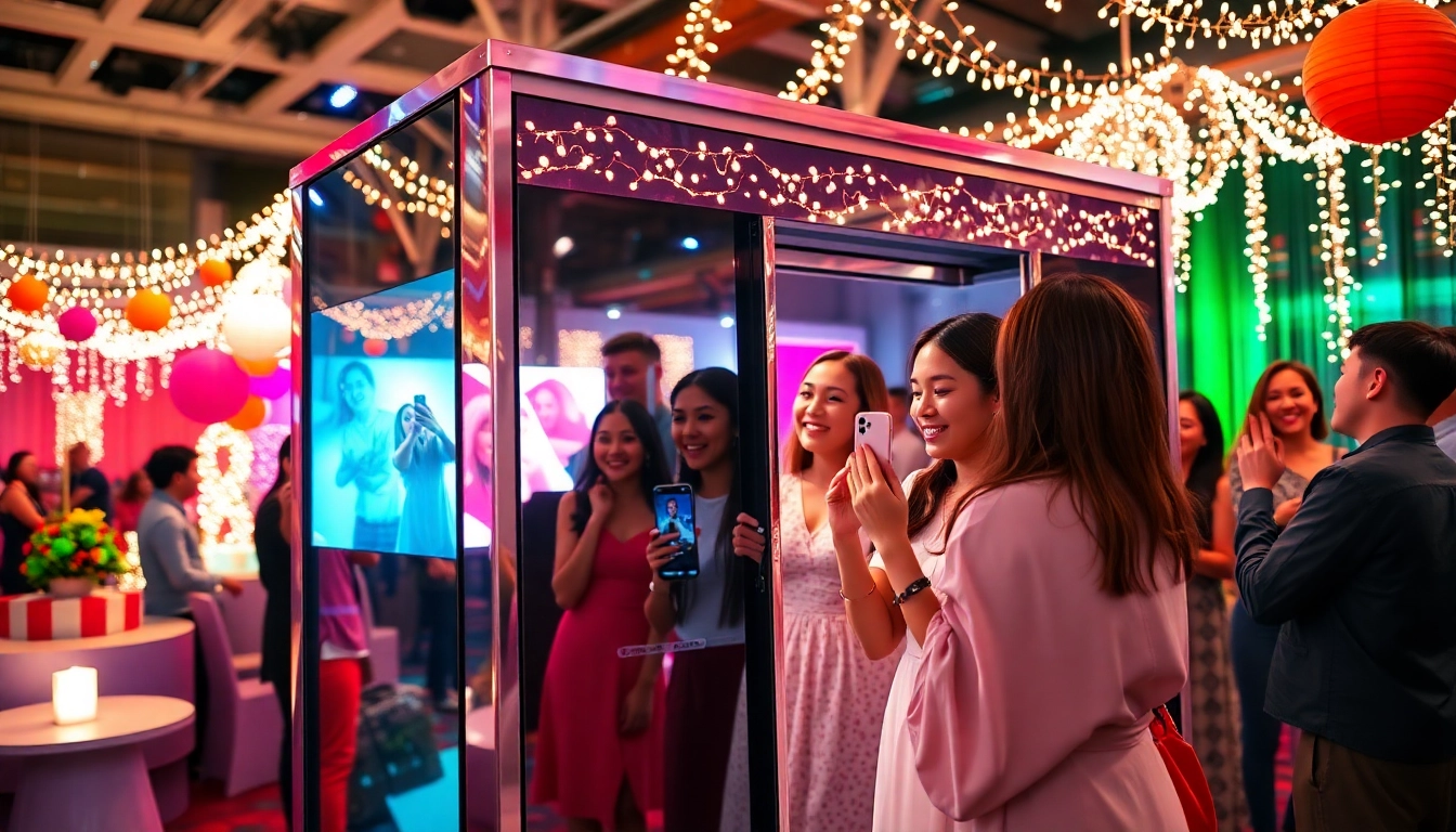 Guests enjoying the interactive Mirror Booth at an event, surrounded by festive décor.
