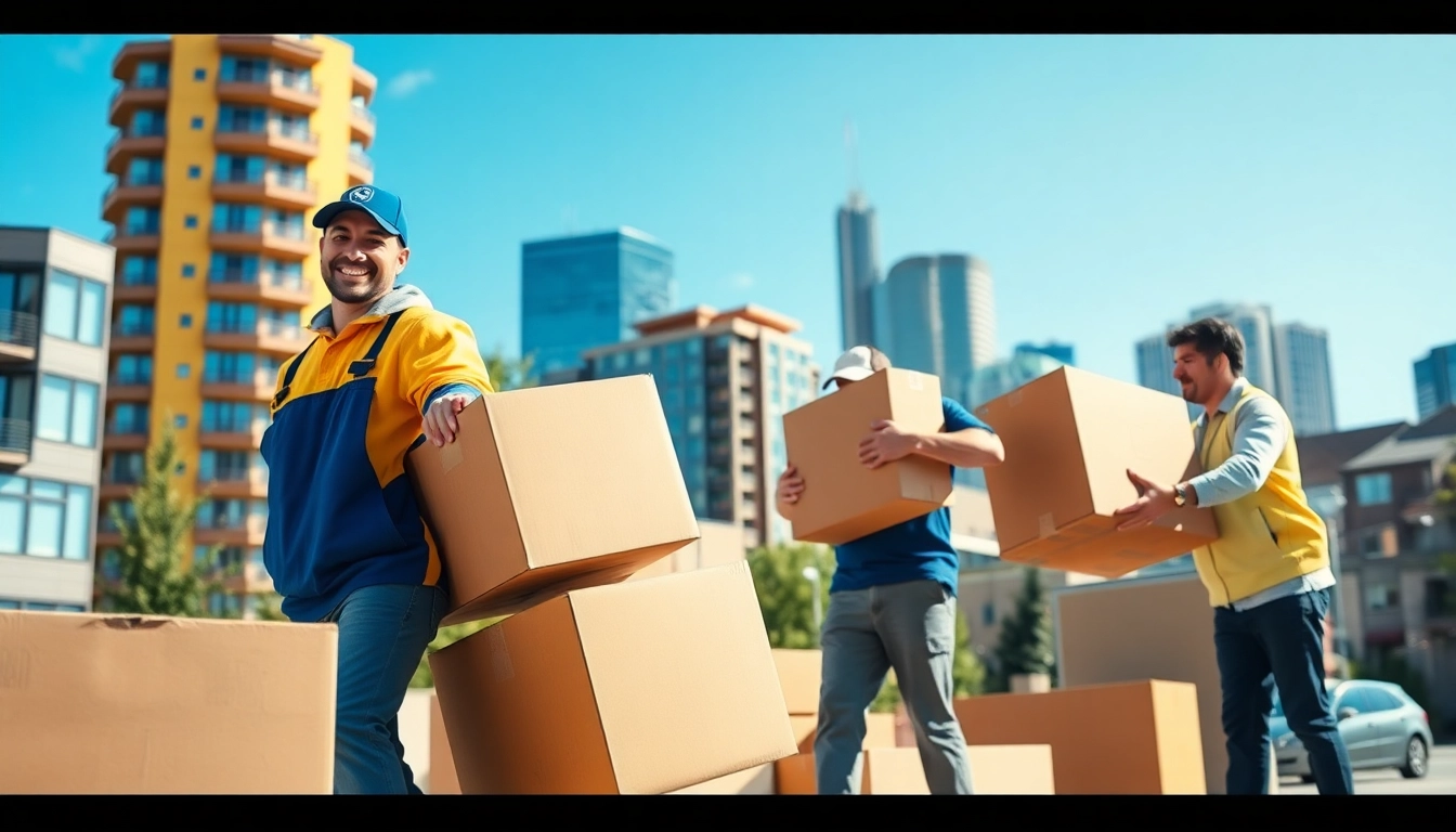 Movers Calgary assisting a family with their relocation, showcasing professional teamwork and urban scenery.
