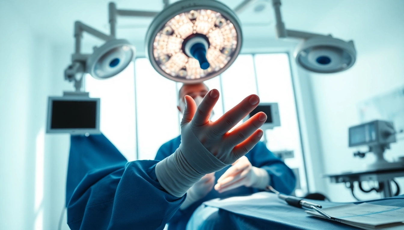 Kurze Handchirurgie Braunschweig in einem sterilen Operationssaal mit einem Chirurgen.
