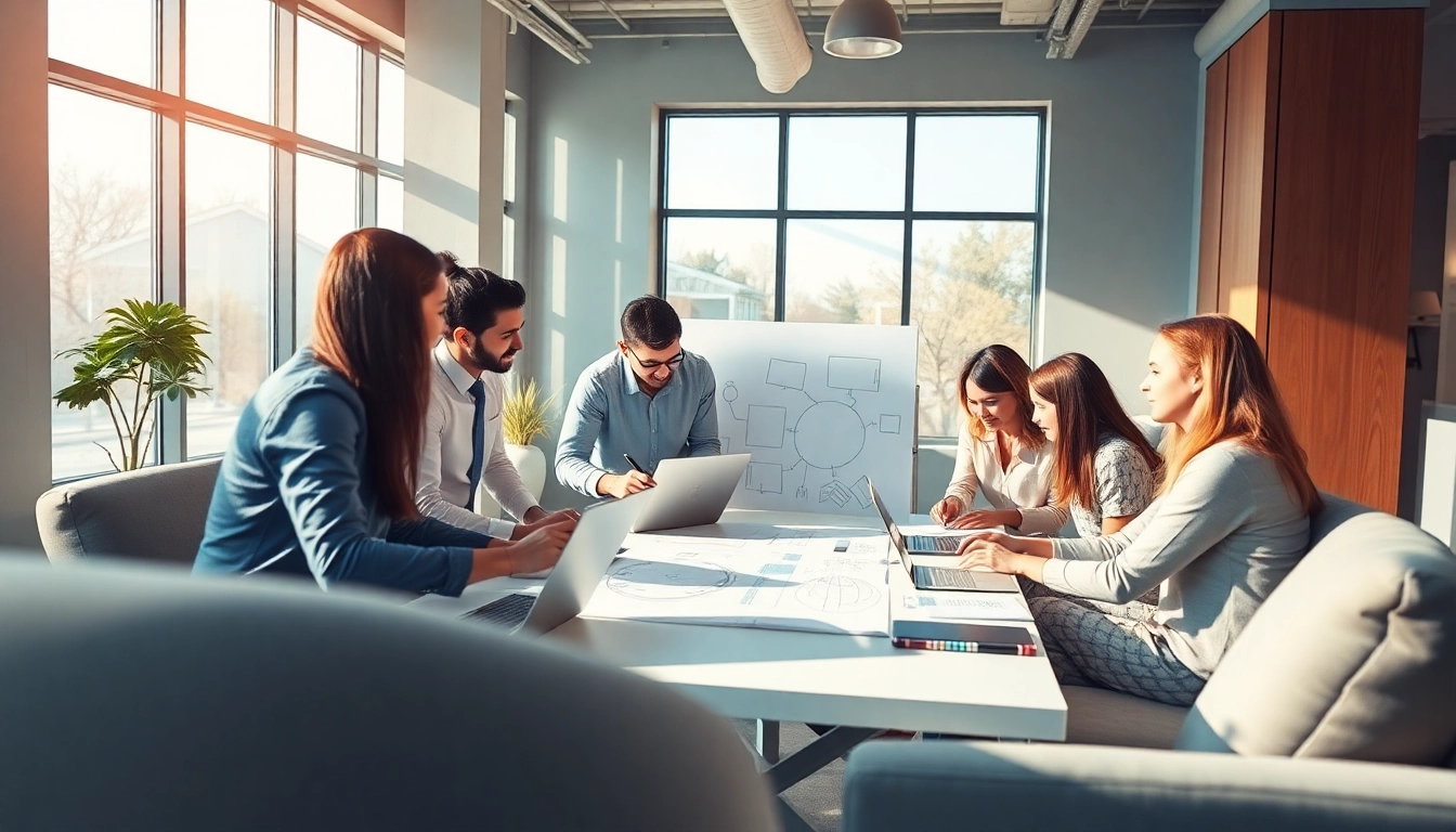 Showcasing web design and seo services through a collaborative team working together in a modern office.
