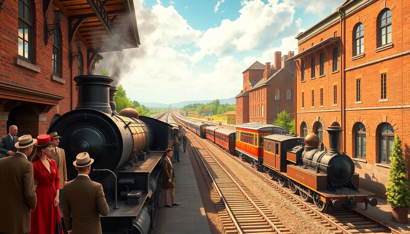 Experience railroad tycoon free download game with a vibrant 19th-century railroad scene featuring classic steam trains.