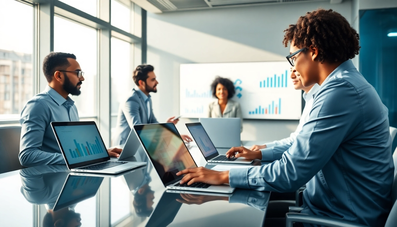 Analyze competitive intelligence data in a modern office setting with diverse teams collaborating.