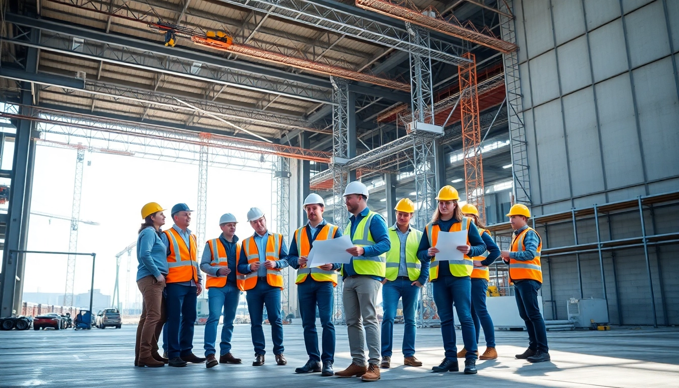 New Jersey Commercial General Contractor with a diverse team efficiently discussing plans on a busy construction site.