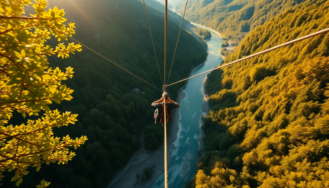 Bovec zipline adventure soaring over the scenic Učja valley, capturing the thrill and excitement of ziplining.