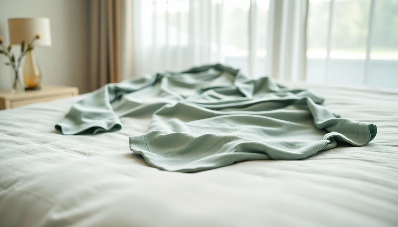 Showcase Bamboo pajamas elegantly displayed on a cozy bedspread, highlighting their softness and quality.