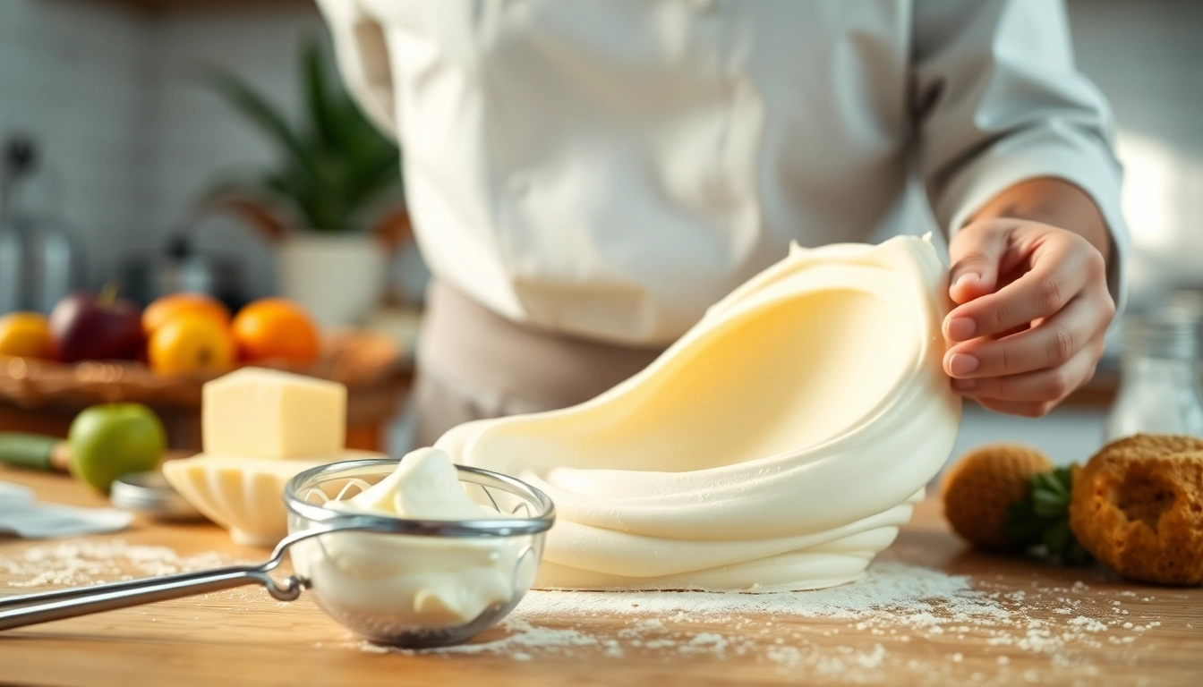 Bereid mousseline crème in een lichte keuken met vers fruit en decoratieve hulpmiddelen.