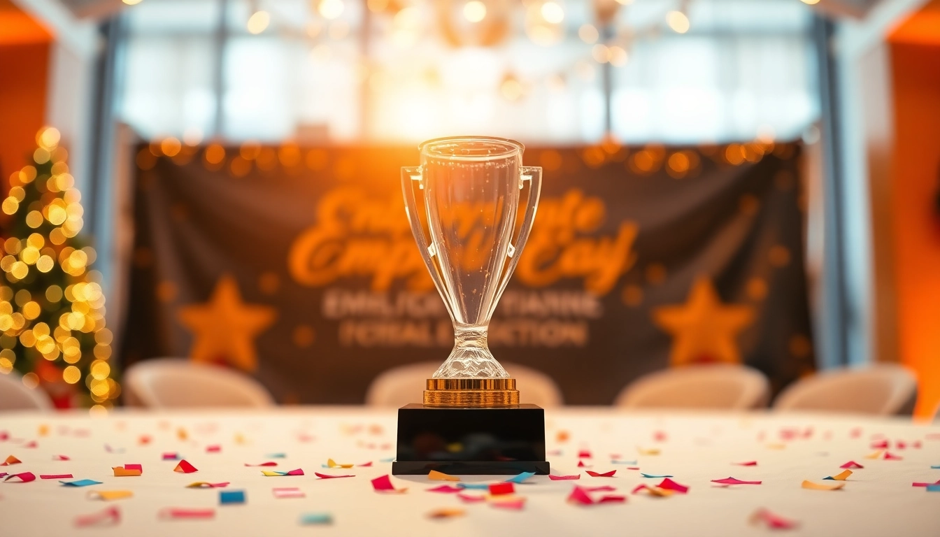 Showcasing employee recognition awards prominently during a corporate celebration event.