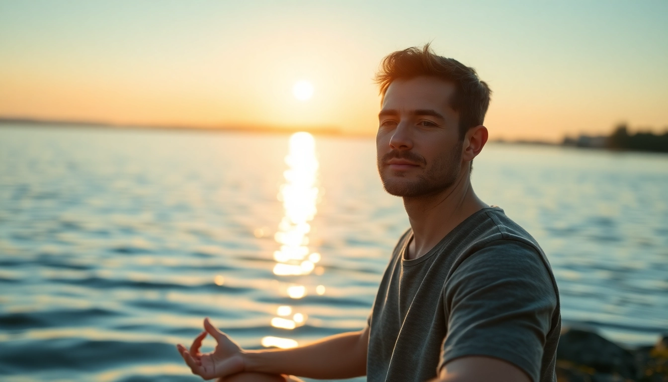Practicing mindfulness meditation to cope with dealing with anxiety by a serene lake.