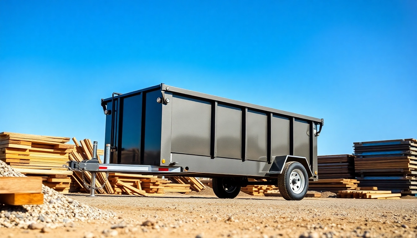 Showcases dumpster trailers for sale with highlighted details in a construction setting.