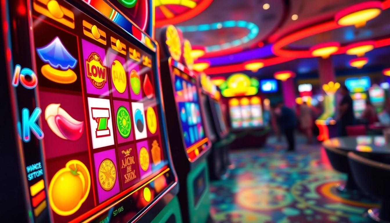 Menangkan permainan bos88 slot dengan simbol berwarna-warni dan suasana kasino yang dinamis.